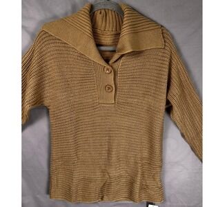 CUPSHE Women Knit Sweater Brown Long Sleeve Button Neck Collar Casual Top
